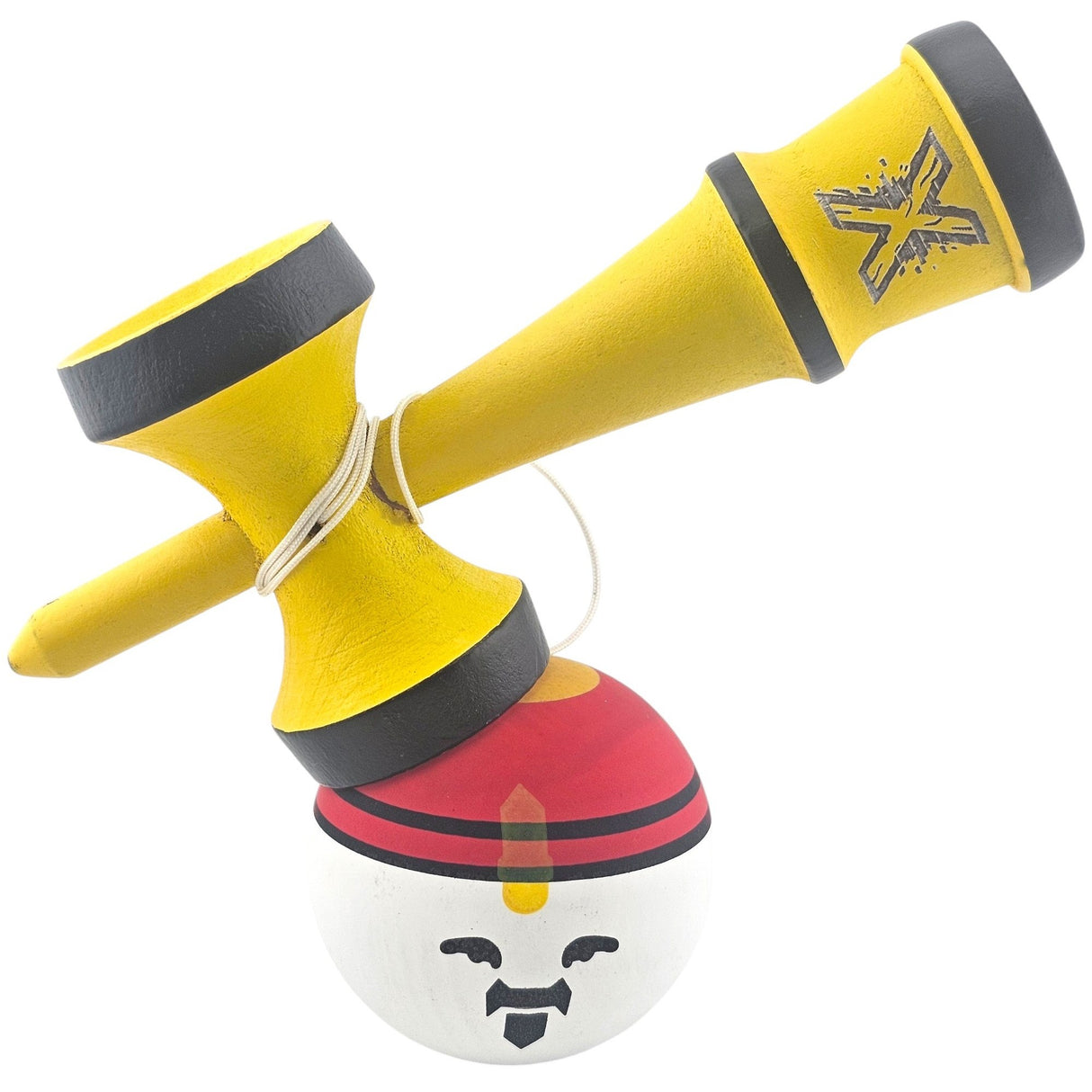 Kendama X Originala, Profesionala, Model Rege, Vivimall, din Lemn, 18 cm, Model Bicolor cu Maner Galben, Rosu Alb - vivimall.ro