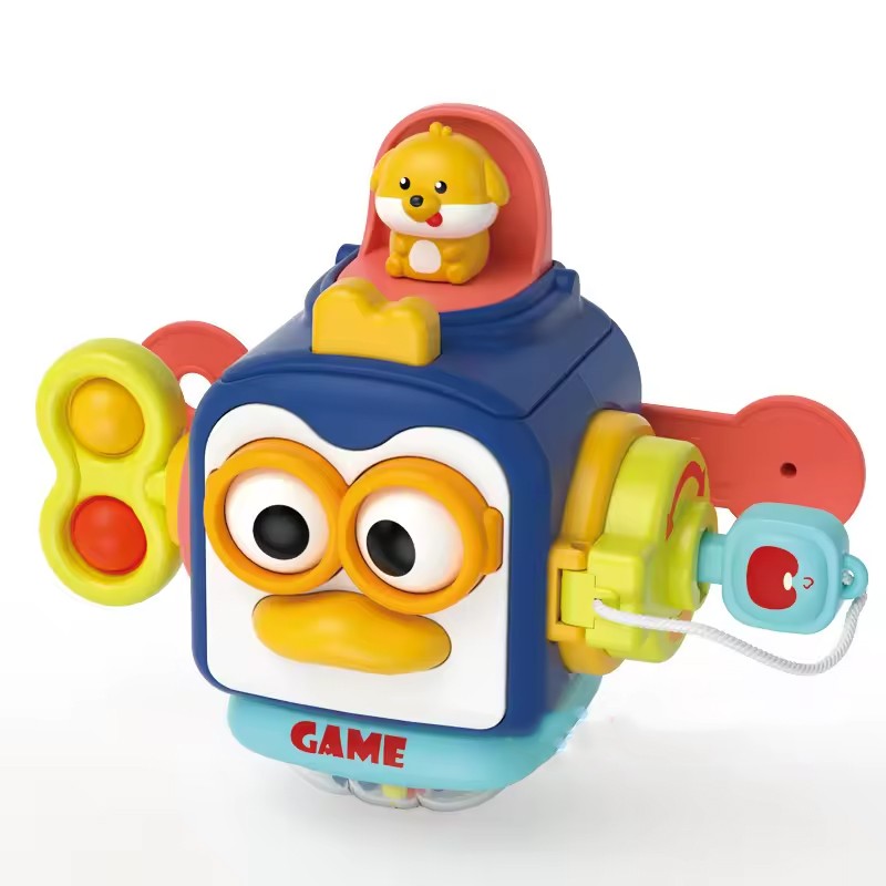 Jucărie Montessori Pinguin Ocupat ambalaj și dimensiuni, 13x11 cm, potrivită cadou copii 1-3 ani