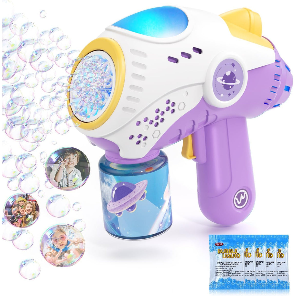 Jucarie Interactiva pentru Baloane de Sapun, Vivimall, Sunete si Lumini, Model Pistol, cu 8 Orificii, 19 x 8.8 x 16.3 cm, Mov - vivimall.ro