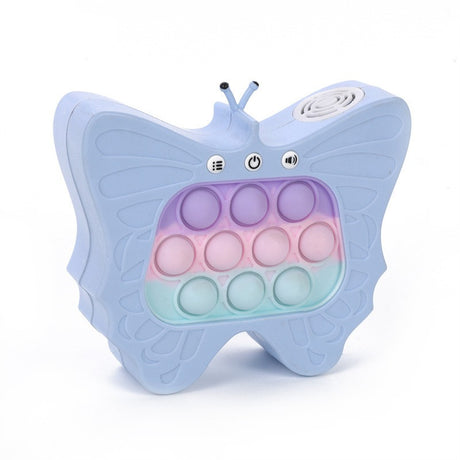 Jucarie Interactiva Tip Consola pentru Copii, Flippy, Diferite Moduri de Joc, 120 Nivele, Material ABS/silicon, Sunete si Lumini, 12 x 5.5 x 13.5 cm cm, Model Fluture, Albastru Deschis