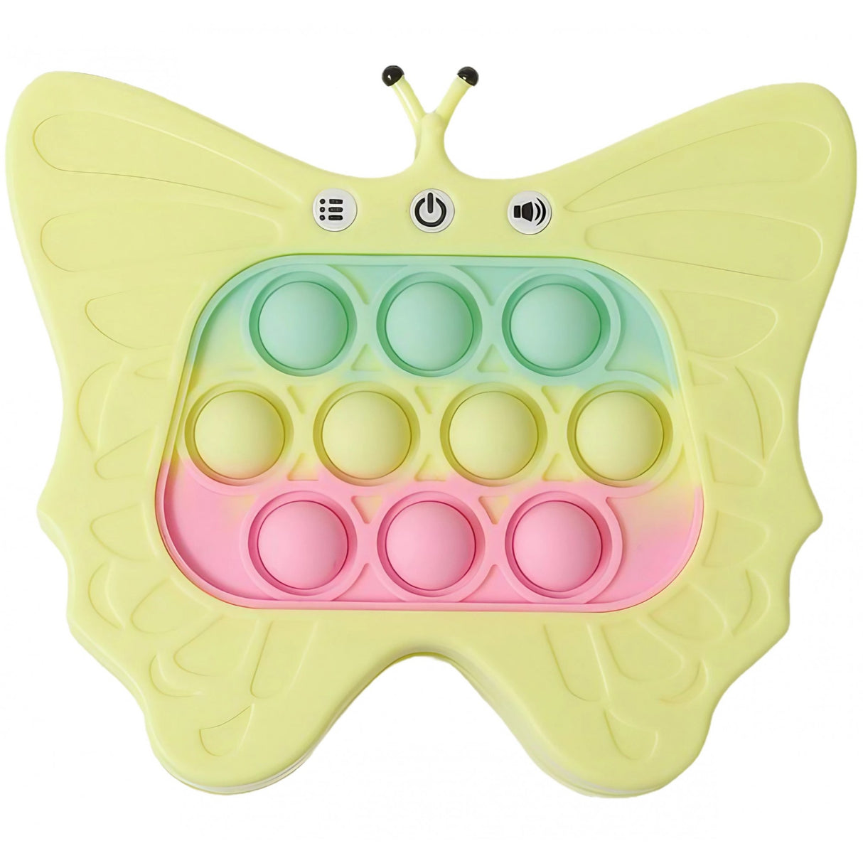 Jucarie Interactiva Tip Consola pentru Copii, Flippy, Diferite Moduri de Joc, 120 Nivele, Material ABS/silicon, cu Nivele, Sunete si Lumini, 12 x 5.5 x 13.5 cm cm, Model Fluture, Galben