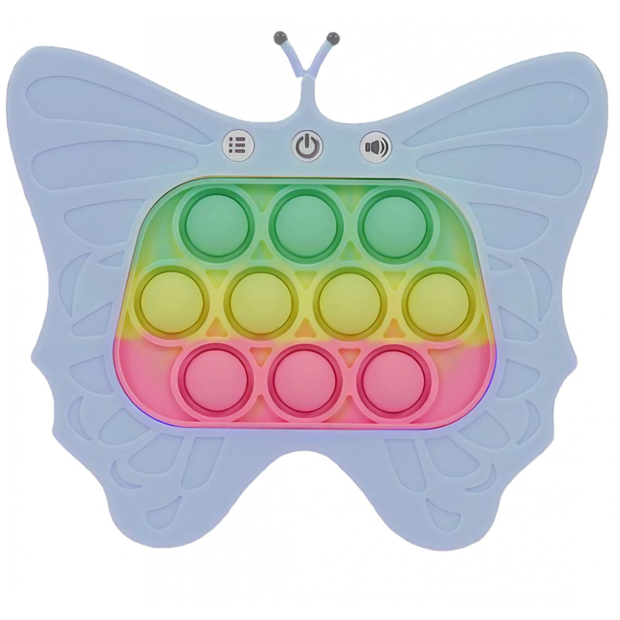 Jucarie Interactiva Tip Consola pentru Copii, Flippy, Diferite Moduri de Joc, 120 Nivele, Material ABS/silicon, Sunete si Lumini, 12 x 5.5 x 13.5 cm cm, Model Fluture, Albastru Deschis