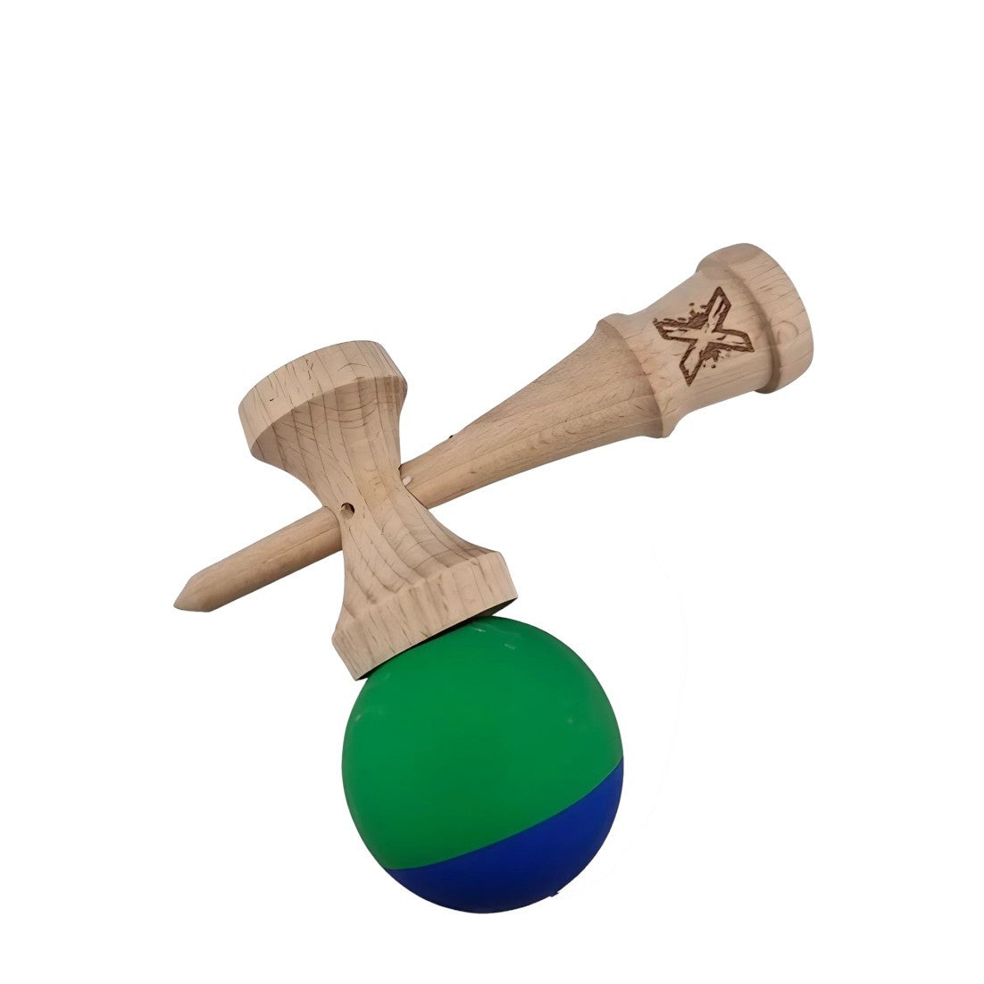 Jucarie Kendama X Originala, Profesionala, Flippy, din Lemn, Rubber Grip, 18 cm, Albastru/Verde