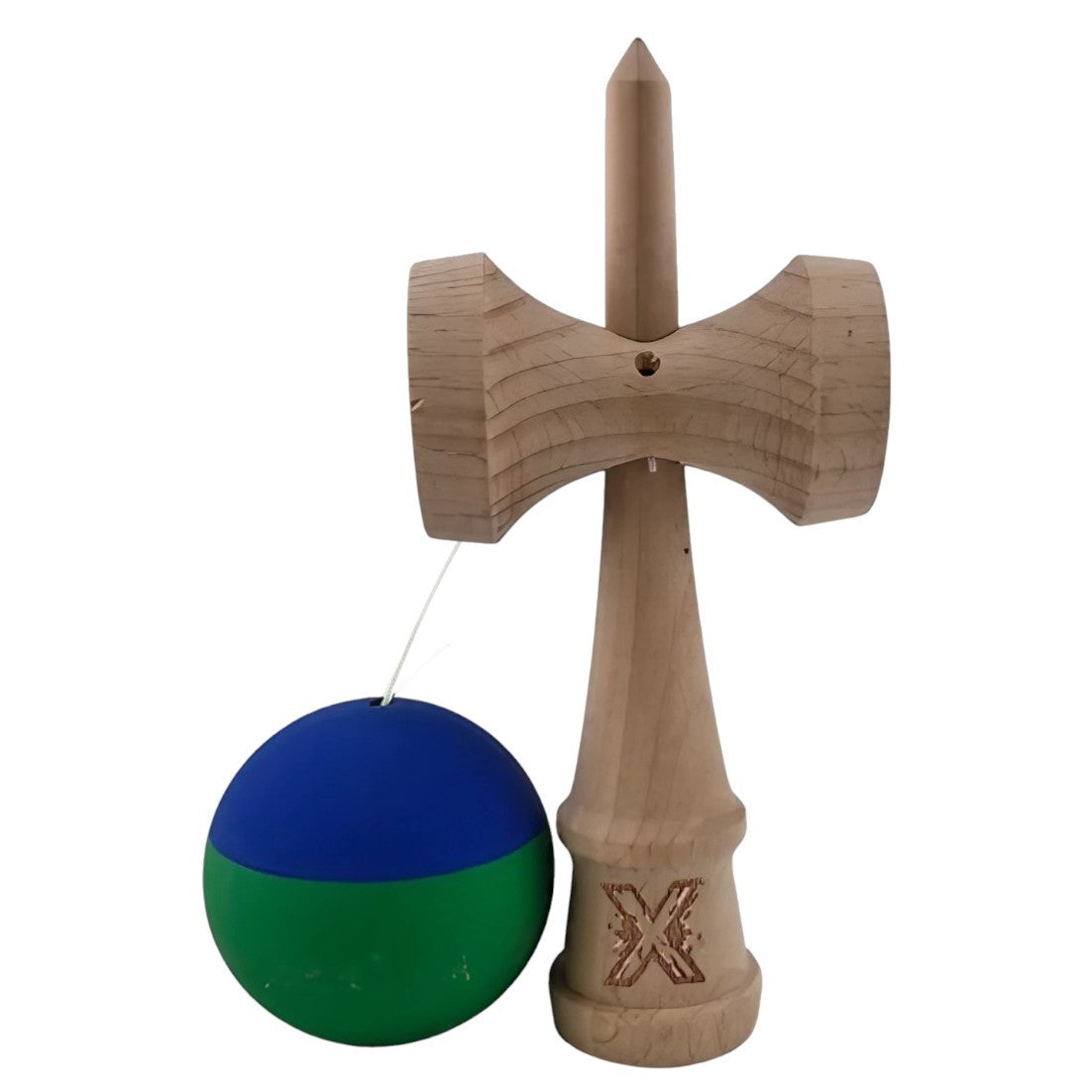 Jucarie Kendama X Originala, Profesionala, Flippy, din Lemn, Rubber Grip, 18 cm, Albastru/Verde