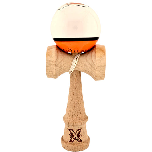 Kendama X Originala, Profesionala, Flippy, din Lemn, Super Sticky, 18 cm, Alb/Portocaliu