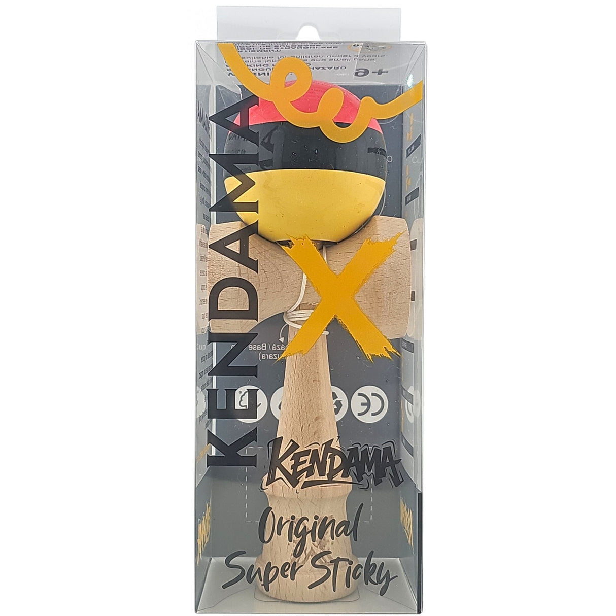 Kendama X Originala, Profesionala, Flippy, Super, Sticky din Lemn, 18 cm, Rosu/Negru/Galben