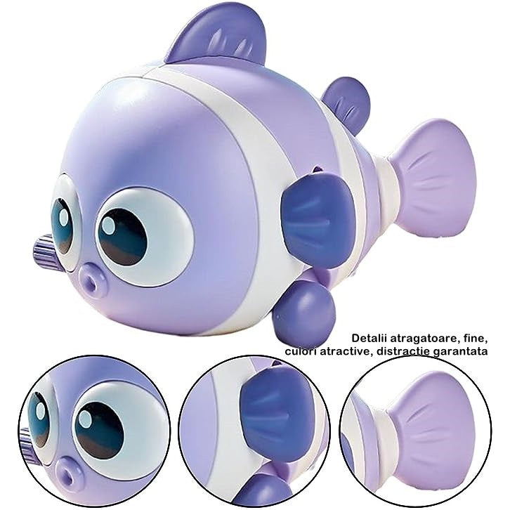 Jucarie mecanica pentru copii Flippy, pestisor haios, cu cheita, distractiv, se taraste, se misca, 11 x 9 x 7.5 cm cm, mov