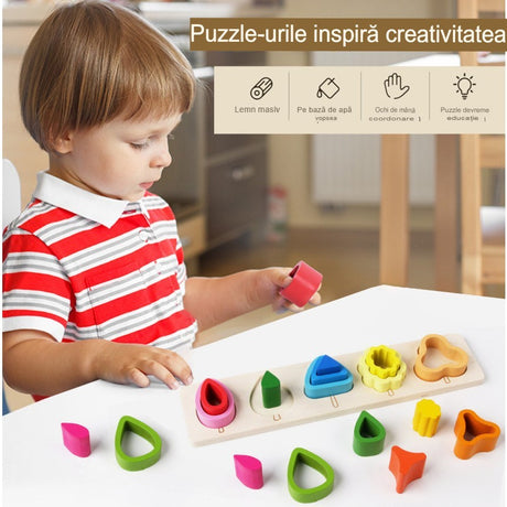 Jucarie Montessori Din Lemn, Tip Puzzle, Cu 5 Forme Asimetrice, 15 Piese, Educativa, Interactiva, Creativa, Model Copaci, Materiale Non Toxice, +2 Ani, 29X6.5 Cm, Multicolor - vivimall.ro