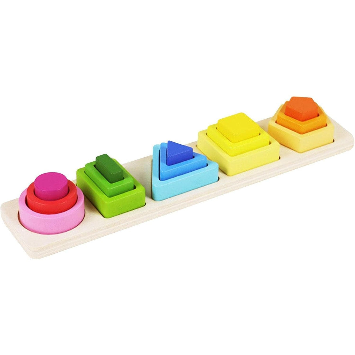 Jucarie Montessori din Lemn, Vivimall, Tip Puzzle, cu 5 Forme Asimetrice, 15 Piese, Educativa, Interactiva, Creativa, Model Forme Geometrice, Materiale Non Toxice, +2 Ani, 29x6.5 cm, Multicolor - vivimall.ro