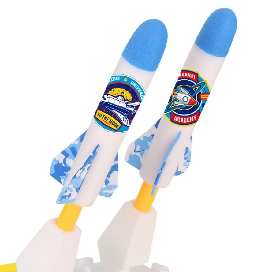 Jucarie pentru Copii, Vivimall, Lansator de Rachete cu Piciorul, Doua Lansatoare, 6 Rachete Fara Lumini, 33x25x27 cm, Alb-Albastru - vivimall.ro