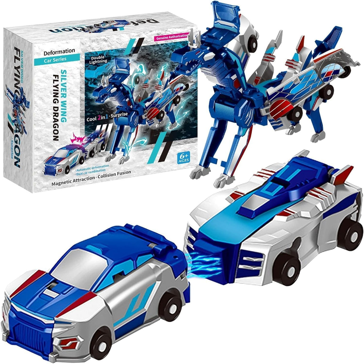 Jucarie Transformabila 2in1, Flippy, Silver Wing Flying Dragon, Masina/Dragon, Atractie Magnetica, +6 Ani, din ABS, Albastru - vivimall.ro