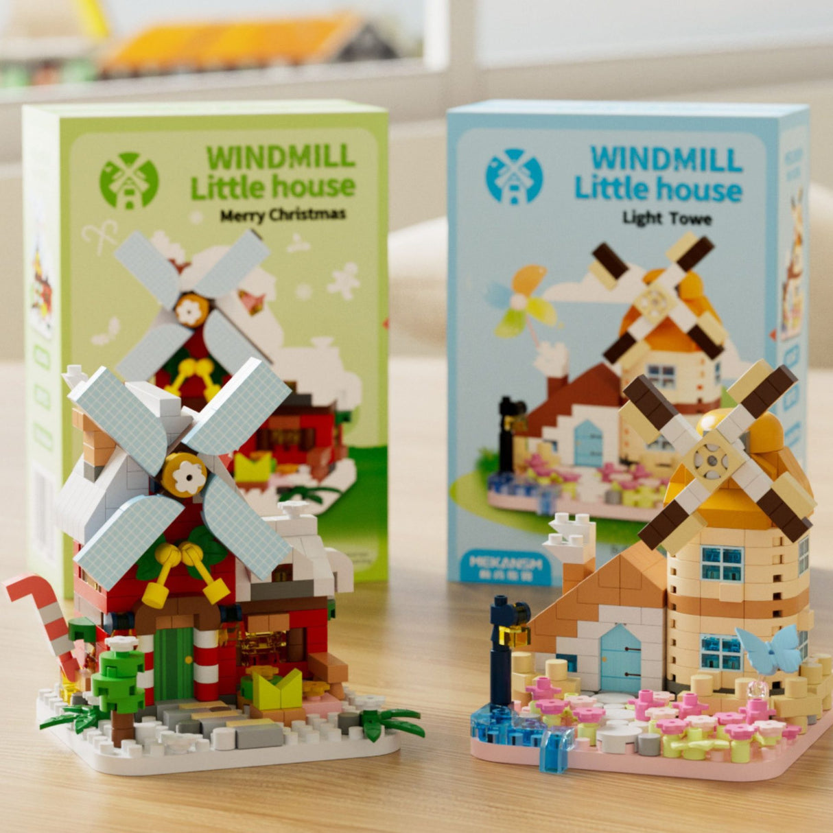 Set de Constructie, Flippy, Model Miniatura Moara de Vant, Jucarie Educativa STEM, Model 3D, Micro-Caramizi, 283 piese, +6 Ani, cm, 11.5 x 8 x 4.5 cm, Albastru