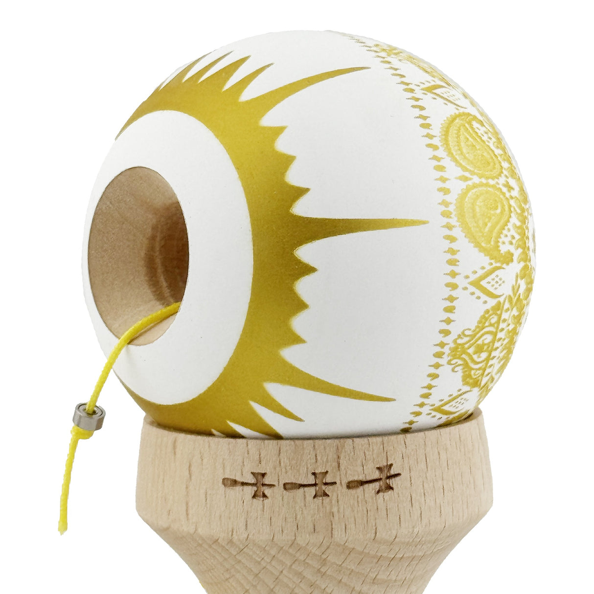 Kendama X Originala, Profesionala, Flippy, Legendary IMPERIAL, Super Sticky, Cupe Mari KING SIZE V3, Gaura in Baza, Rulment Metalic, din lemn 18 cm, Ata 62/65 cm, Alb/Auriu - vivimall.ro