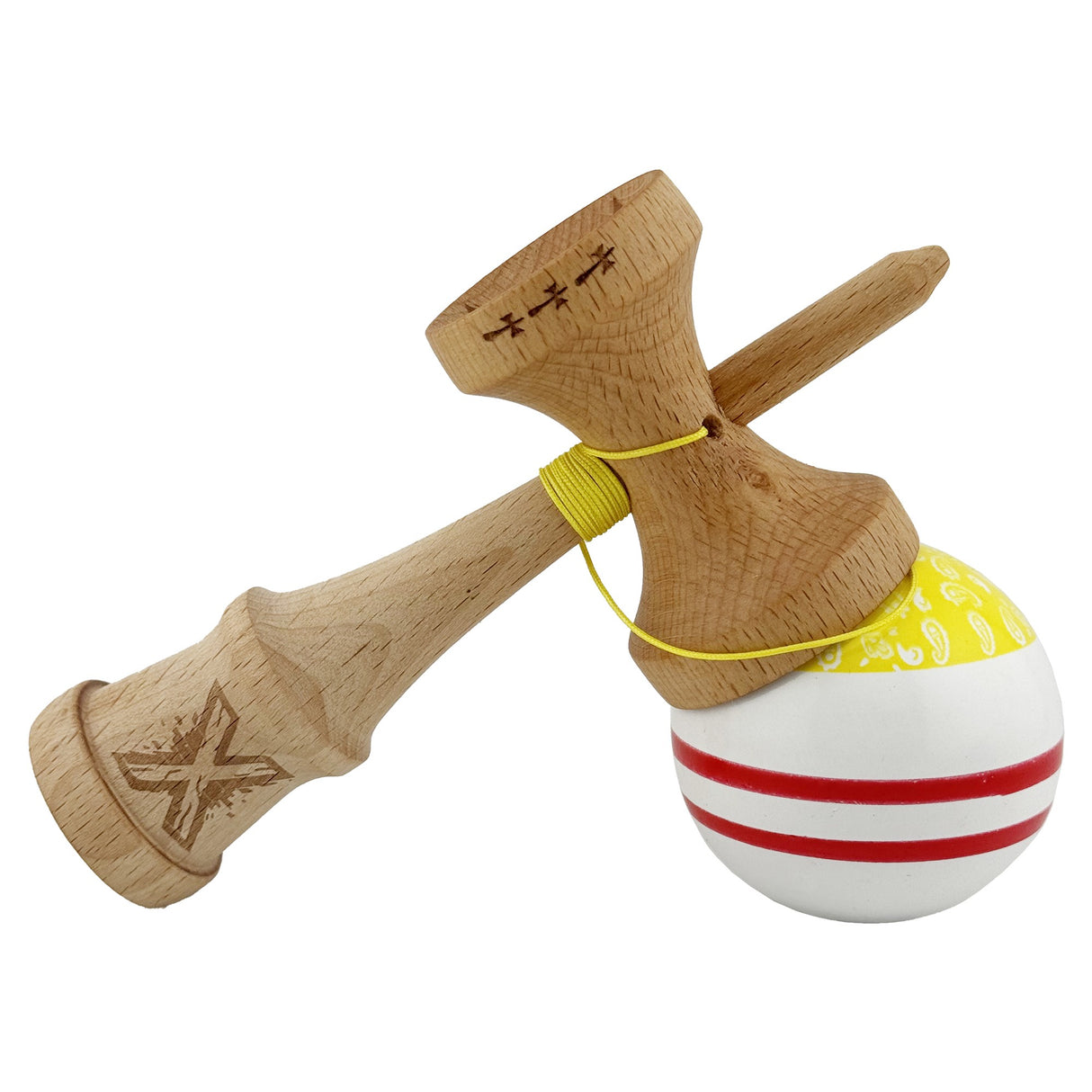 Kendama X CHICANOS Originala, Profesionala, Flippy, Big Cups V2, Super Sticky cu Cupe Mari, Rulment Metalic, din lemn 18 cm, Ata 55 cm, Auriu/Alb - vivimall.ro