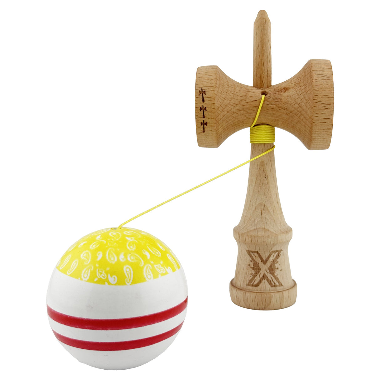 Kendama X CHICANOS Originala, Profesionala, Flippy, Big Cups V2, Super Sticky cu Cupe Mari, Rulment Metalic, din lemn 18 cm, Ata 55 cm, Auriu/Alb - vivimall.ro