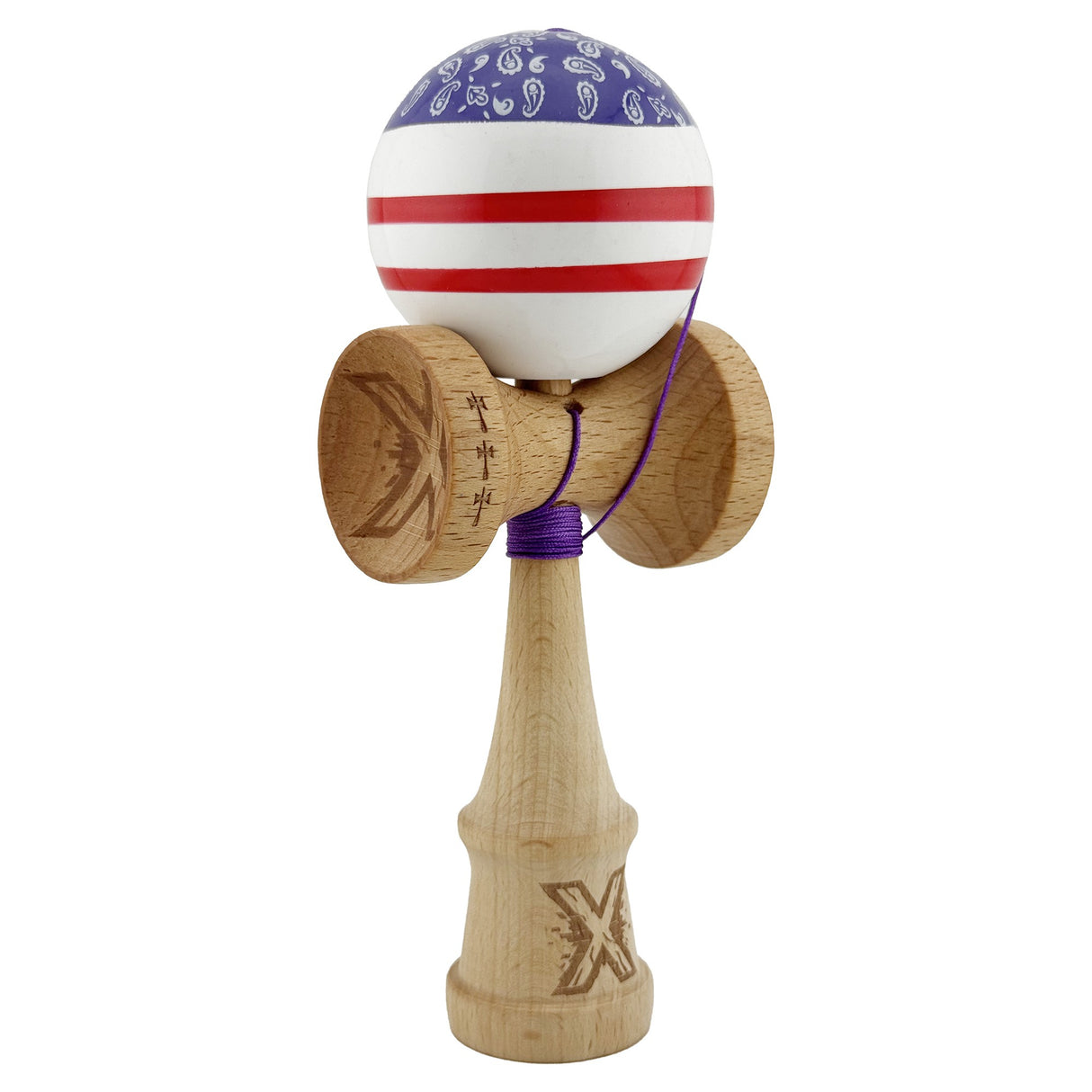 Kendama X CHICANOS Originala, Profesionala, Flippy, Big Cups V2, Super Sticky cu Cupe Mari, Rulment Metalic, din lemn 18 cm, Ata 55 cm, Violet/Alb - vivimall.ro