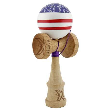 Kendama X CHICANOS Originala, Profesionala, Flippy, Big Cups V2, Super Sticky cu Cupe Mari, Rulment Metalic, din lemn 18 cm, Ata 55 cm, Violet/Alb - vivimall.ro