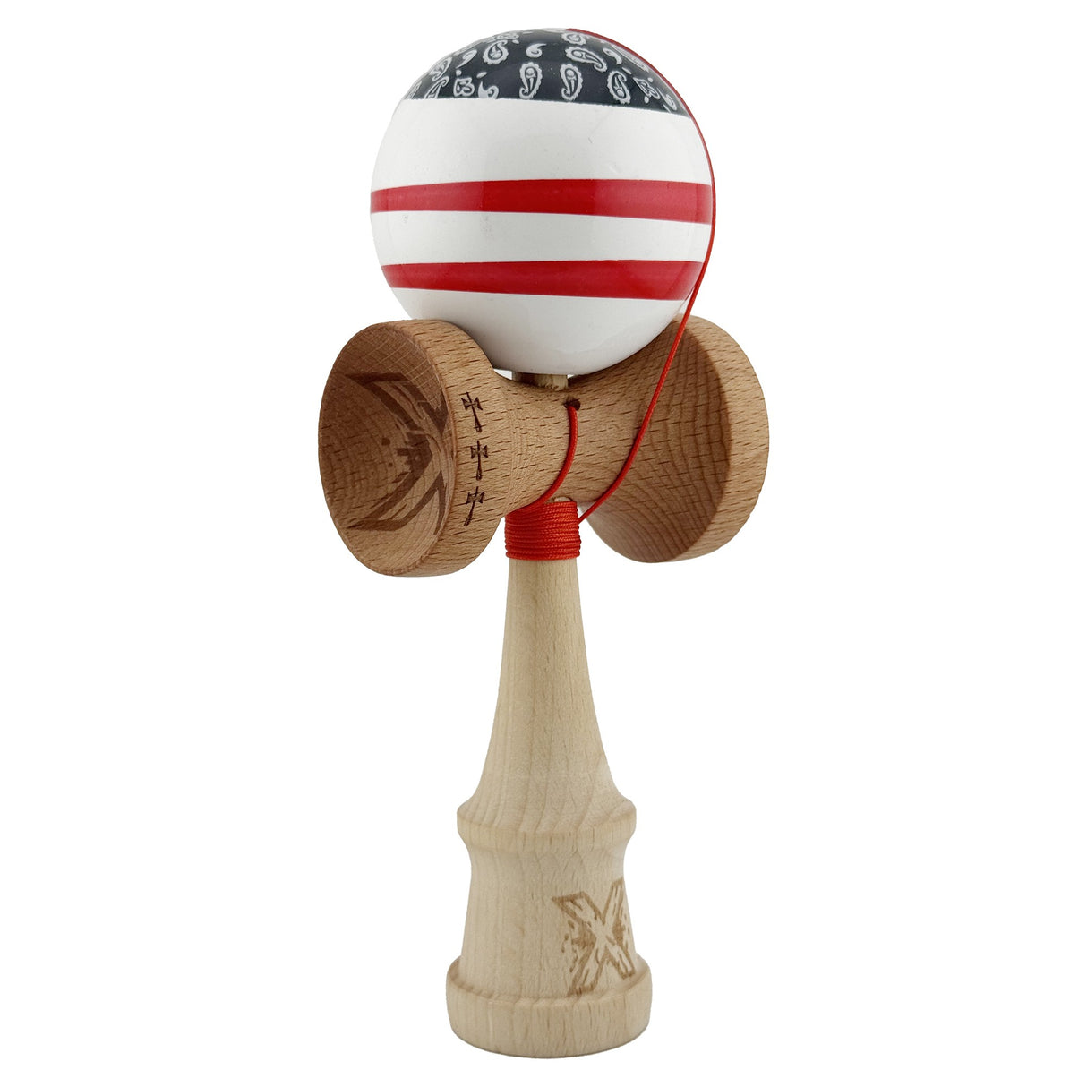 Kendama X CHICANOS Originala, Profesionala, Vivimall, Big Cups V2, Super Sticky cu Cupe Mari, Rulment Metalic, din lemn 18 cm, Ata 55 cm, Negru/Alb - vivimall.ro