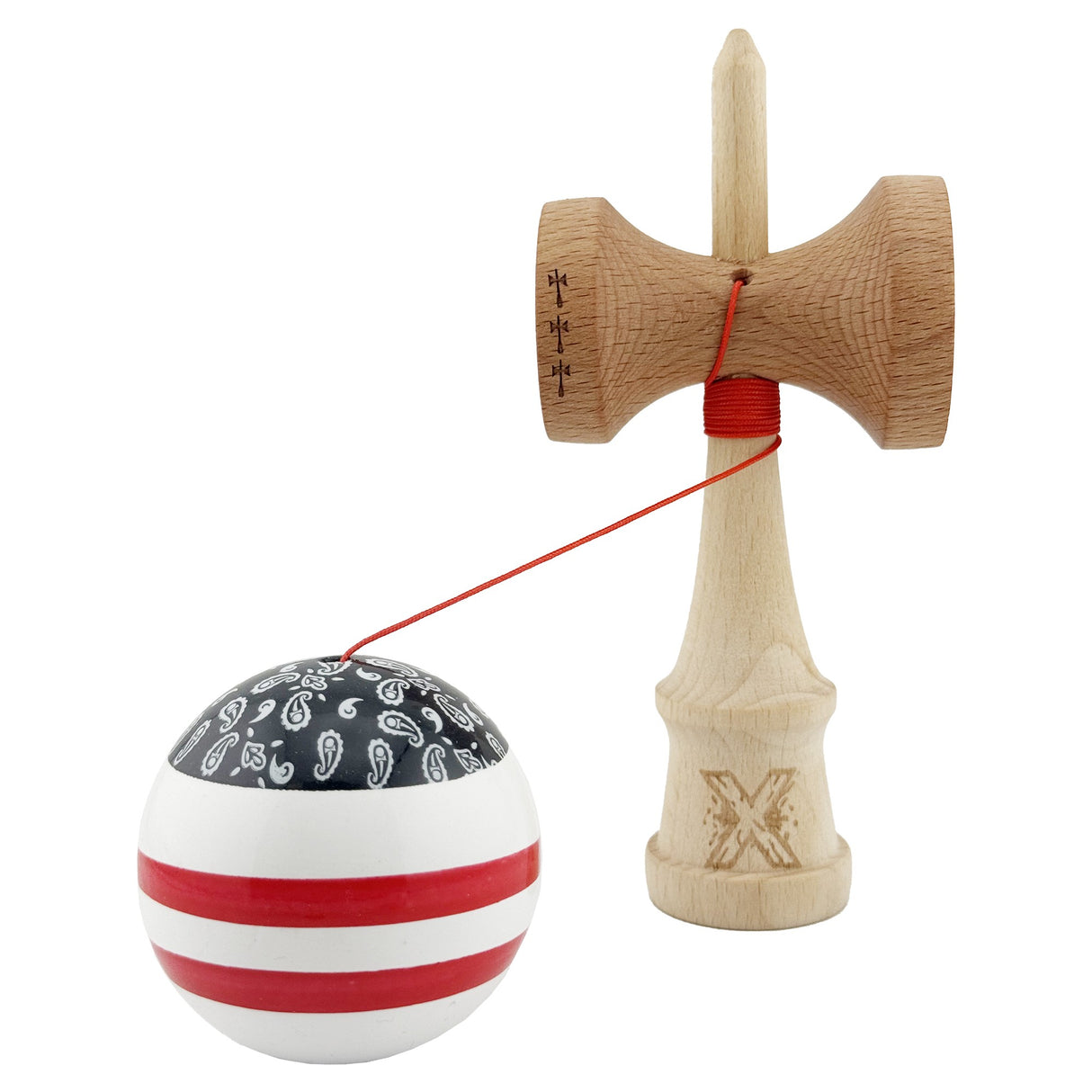 Kendama X CHICANOS Originala, Profesionala, Flippy, Big Cups V2, Super Sticky cu Cupe Mari, Rulment Metalic, din lemn 18 cm, Ata 55 cm, Negru/Alb - vivimall.ro