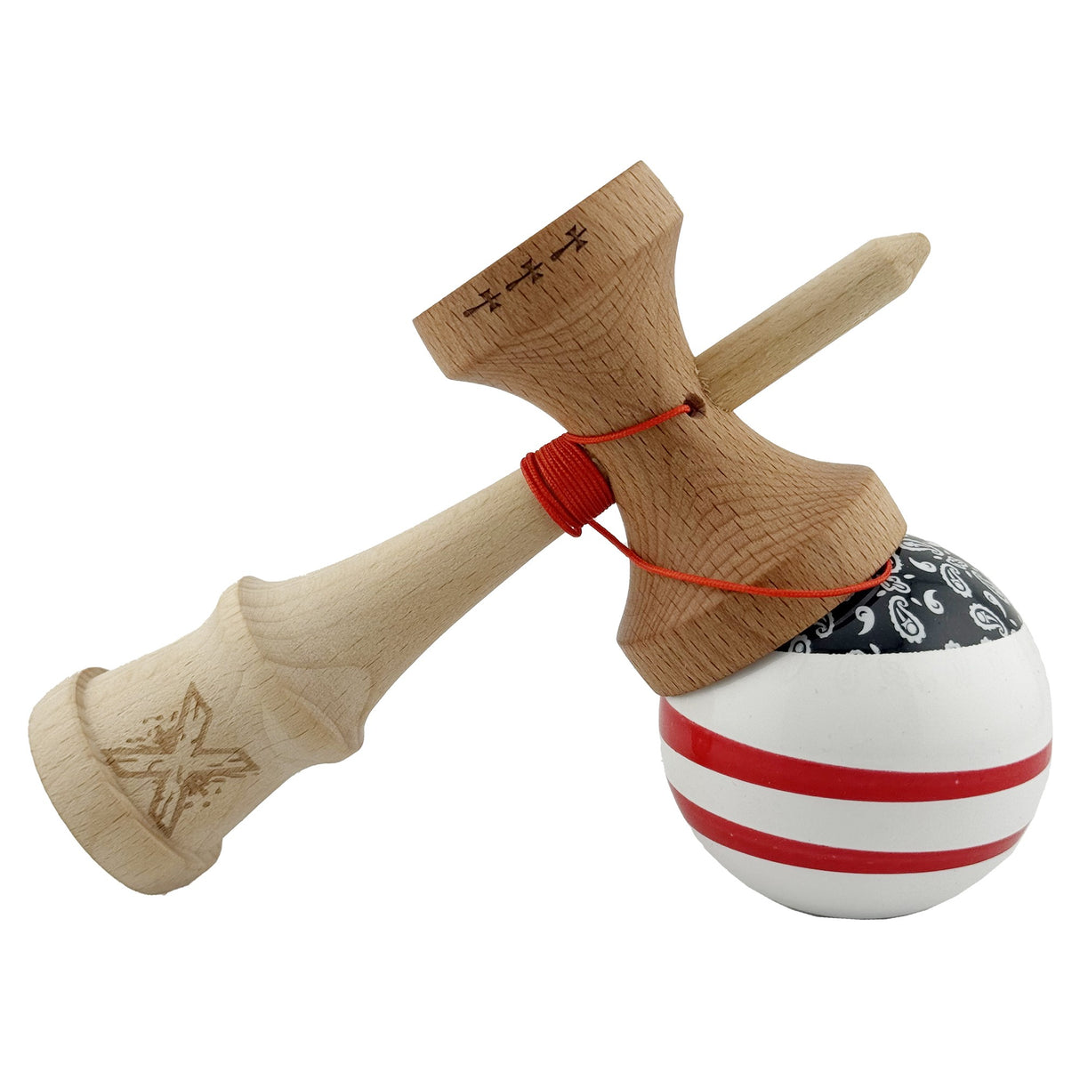 Kendama X CHICANOS Originala, Profesionala, Flippy, Big Cups V2, Super Sticky cu Cupe Mari, Rulment Metalic, din lemn 18 cm, Ata 55 cm, Negru/Alb - vivimall.ro