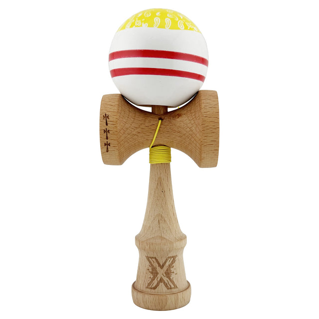 Kendama X CHICANOS Originala, Profesionala, Flippy, Big Cups V2, Super Sticky cu Cupe Mari, Rulment Metalic, din lemn 18 cm, Ata 55 cm, Auriu/Alb - vivimall.ro