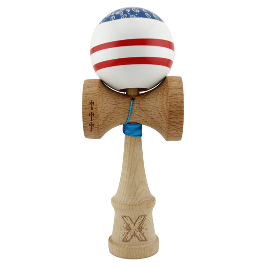 Kendama X CHICANOS Originala, Profesionala, Flippy, Big Cups V2, Super Sticky cu Cupe Mari, Rulment Metalic, din lemn 18 cm, Ata 55 cm, Albastru/Alb - vivimall.ro