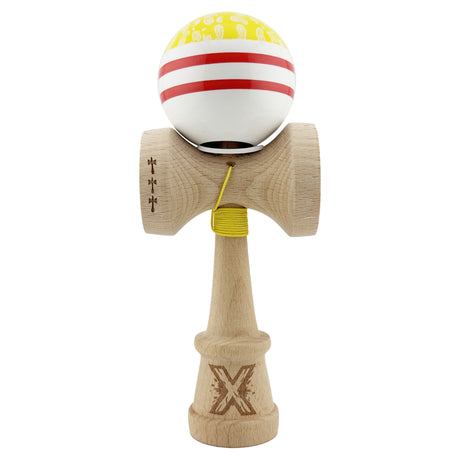 Kendama X Originala CHICANOS, Profesionala, Vivimall, Cupe Mari KING SIZE V3, Super Sticky, Gaura in Baza, Rulment Metalic, din lemn 18 cm, Ata 55 cm, Auriu/Alb - vivimall.ro