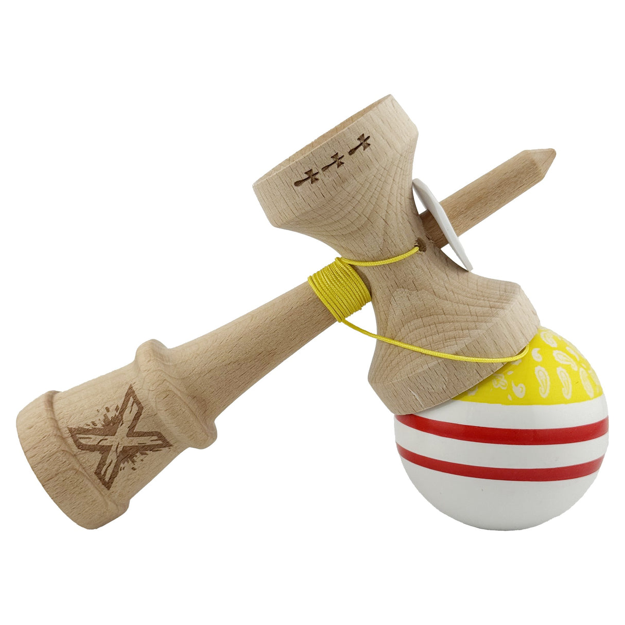 Kendama X Originala CHICANOS, Profesionala, Vivimall, Cupe Mari KING SIZE V3, Super Sticky, Gaura in Baza, Rulment Metalic, din lemn 18 cm, Ata 55 cm, Auriu/Alb - vivimall.ro