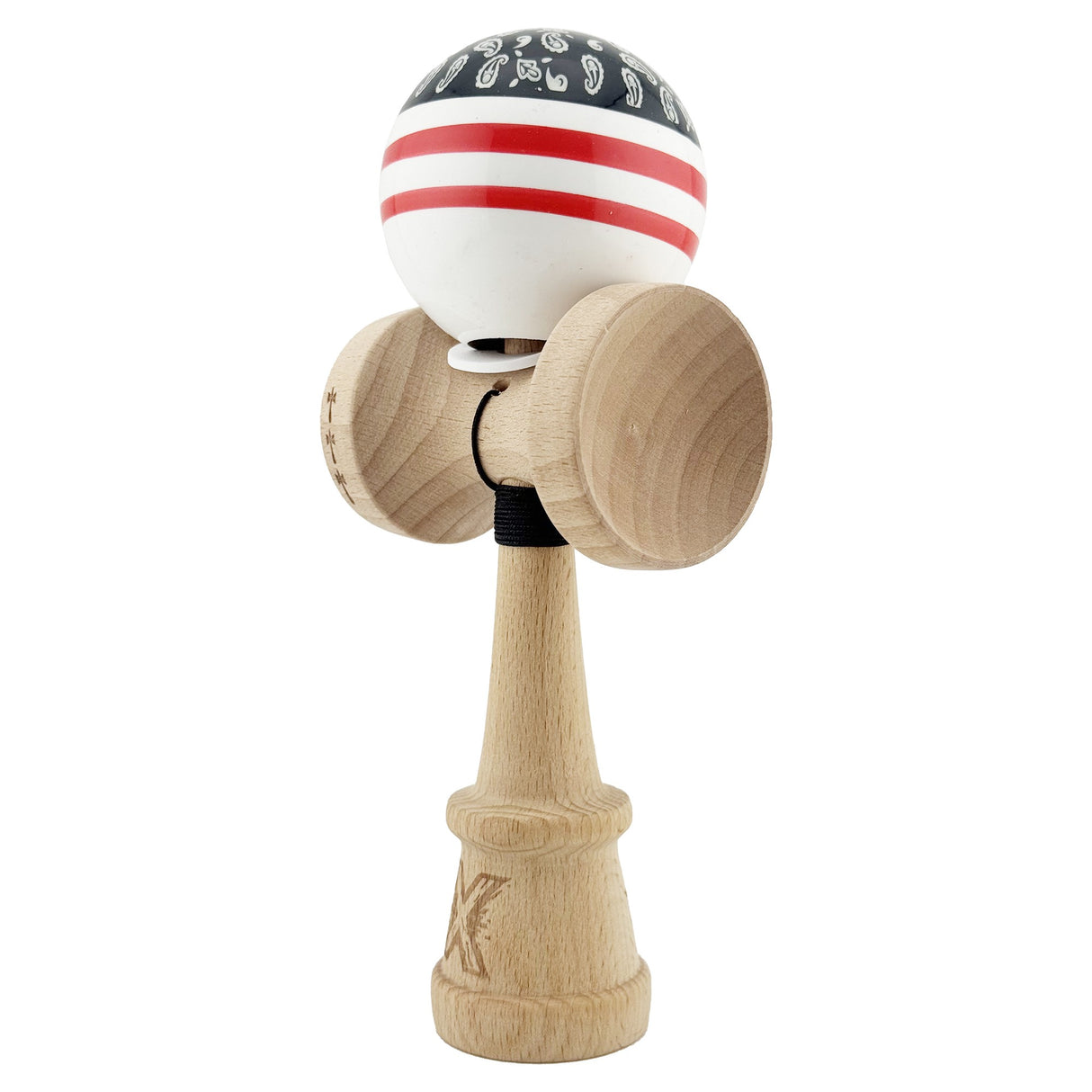 Kendama X Originala CHICANOS, Profesionala, Vivimall, Cupe Mari KING SIZE V3, Super Sticky, Gaura in Baza, Rulment Metalic, din lemn 18 cm, Ata 55 cm, Negru/Alb - vivimall.ro