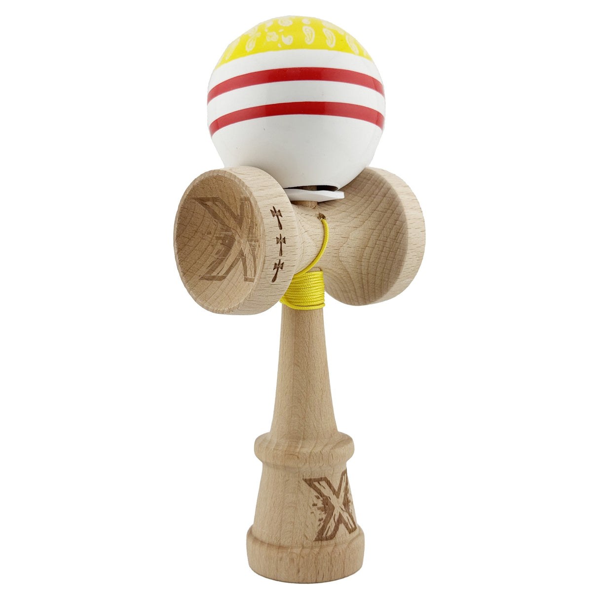 Kendama X Originala CHICANOS, Profesionala, Vivimall, Cupe Mari KING SIZE V3, Super Sticky, Gaura in Baza, Rulment Metalic, din lemn 18 cm, Ata 55 cm, Auriu/Alb - vivimall.ro