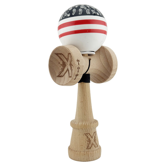 Kendama X Originala CHICANOS, Profesionala, Vivimall, Cupe Mari KING SIZE V3, Super Sticky, Gaura in Baza, Rulment Metalic, din lemn 18 cm, Ata 55 cm, Negru/Alb