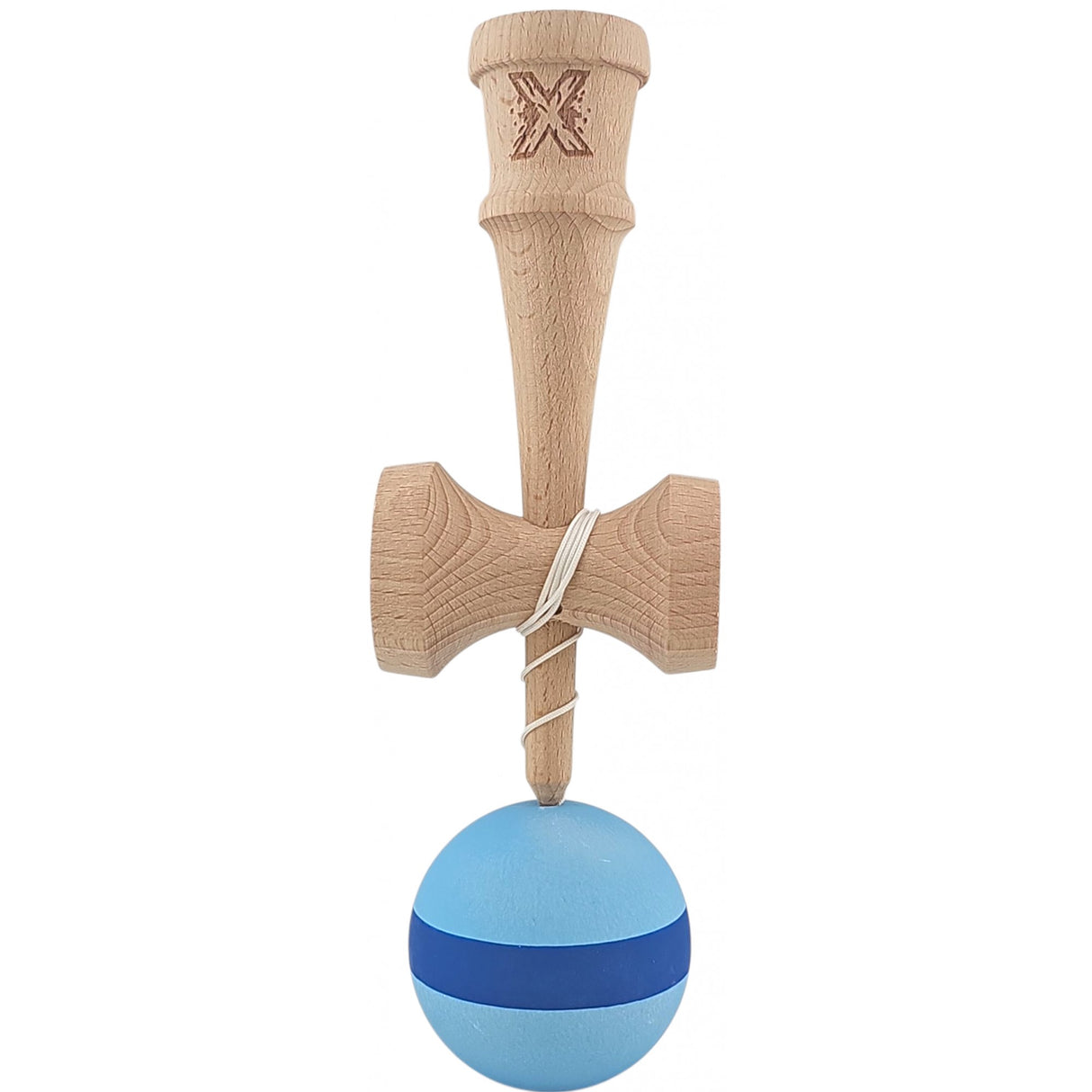 Kendama X Originala, Profesionala, Flippy, 18 cm din Lemn, Model cu Dunga, Bleu/Albastru