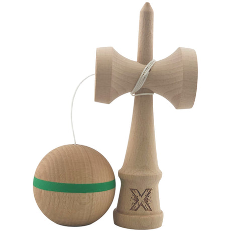 Kendama X Originală, Profesională, Vivimall, din Lemn,18 cm, Model cu Dunga Verde - vivimall.ro