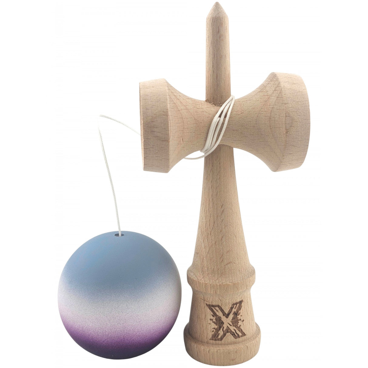 Kendama X Originala, Profesionala, Flippy, Rubber Grip, din Lemn, 18 cm, Gri/Alb/Mov - vivimall.ro