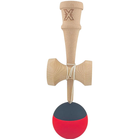 Kendama X Originala, Profesionala, Flippy, 18 cm, din Lemn, Rubber Grip, Rosu/Negru