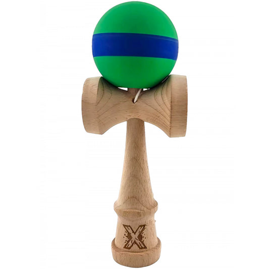 Kendama X Originala, Profesionala, Flippy, 18 cm, din Lemn, Rubber Grip, Verde/Albastru