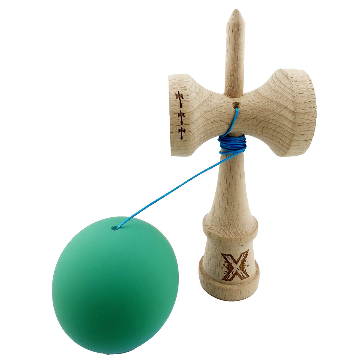 Kendama X Originala, Profesionala, Flippy, Big Cups V2, Rubber Grip cu Cupe Mari, Rulment Metalic cu Ata 55 cm,-Verde/Albastru - vivimall.ro