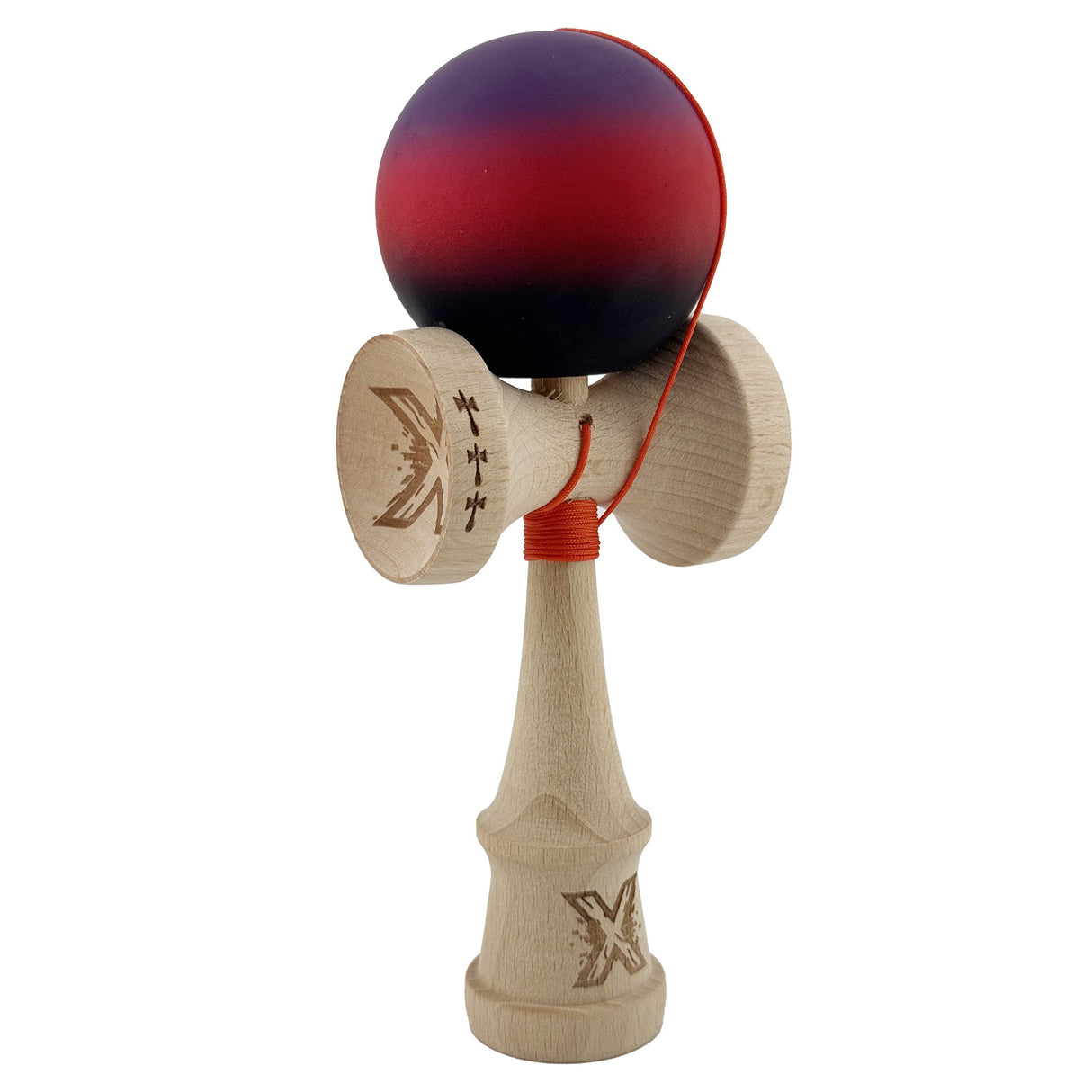 Kendama X Originala, Profesionala, Flippy, Big Cups V2, Rubber Grip cu Cupe Mari, Rulment Metalic cu Ata 55 cm,-Mov/Rosu/Negru - vivimall.ro