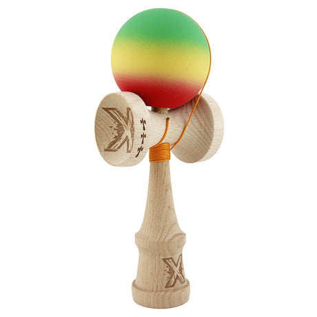 Kendama X Originala, Profesionala, Flippy, Big Cups V2, Rubber Grip cu Cupe Mari, Rulment Metalic cu Ata 55 cm, Verde/Galben/Rosu - vivimall.ro
