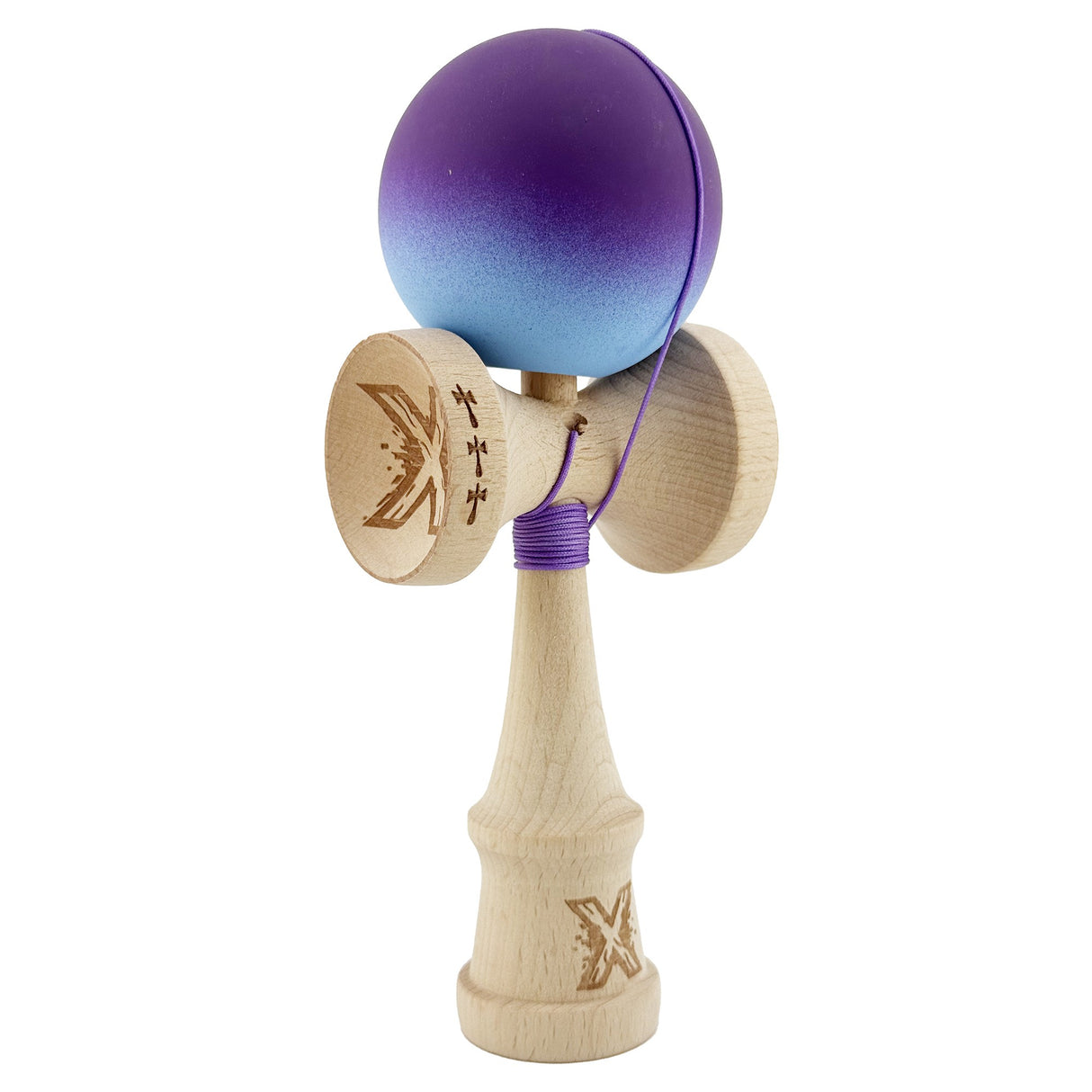 Kendama X Originala, Profesionala, Flippy, Big Cups V2, Rubber Grip cu Cupe Mari, Rulment Metalic cu Ata 55 cm, Violet/Albastru - vivimall.ro