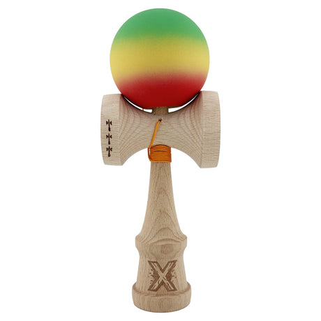 Kendama X Originala, Profesionala, Flippy, Big Cups V2, Rubber Grip cu Cupe Mari, Rulment Metalic cu Ata 55 cm, Verde/Galben/Rosu - vivimall.ro