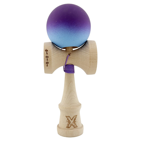 Kendama X Originala, Profesionala, Flippy, Big Cups V2, Rubber Grip cu Cupe Mari, Rulment Metalic cu Ata 55 cm, Violet/Albastru - vivimall.ro