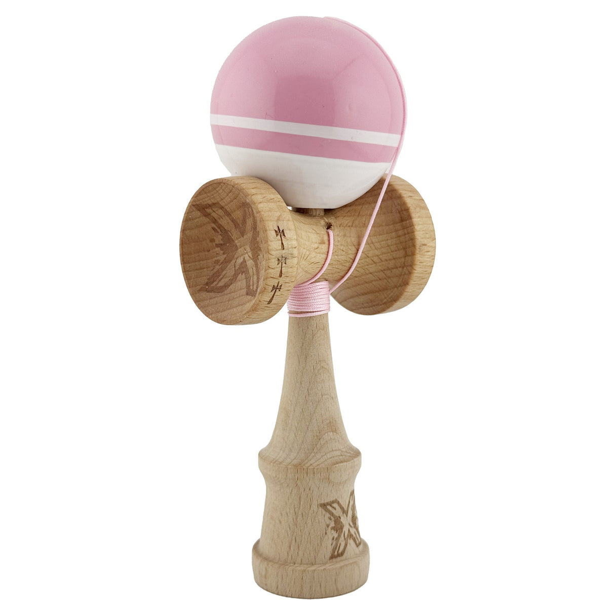 Kendama X Originala, Profesionala, Vivimall, Big Cups V2, Super Sticky cu Cupe Mari, din lemn 18 cm, Rulment Metalic cu Ata 55 cm, Roz/Alb - vivimall.ro