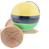 Kendama X Originala, Profesionala, Flippy, Big Cups V2, Super Sticky cu Cupe Mari, din lemn 18 cm, Rulment Metalic cu Ata 55 cm, Galben/Negru/Verde - vivimall.ro