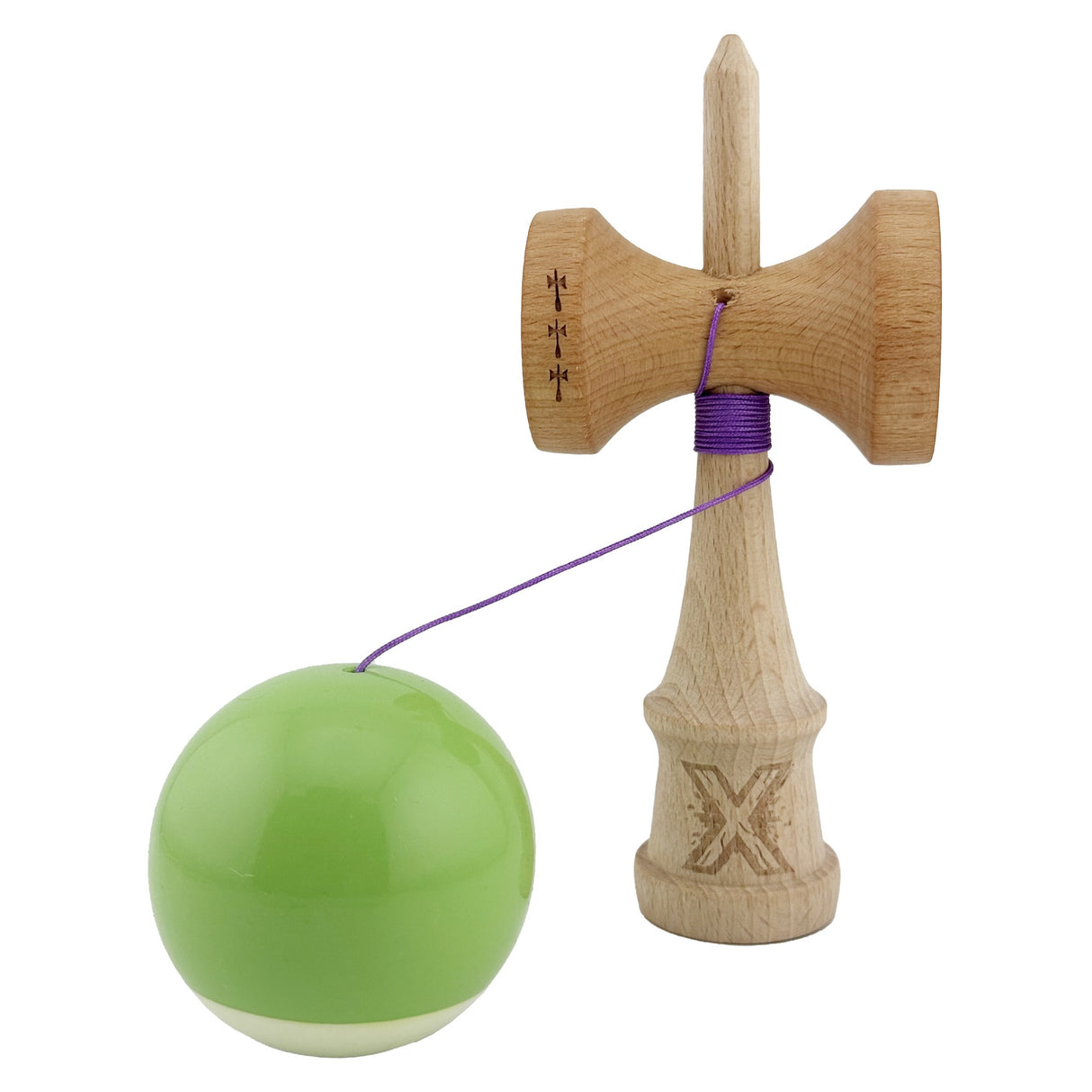 Kendama X Originala, Profesionala, Flippy, Big Cups V2, Super Sticky cu Cupe Mari, din lemn 18 cm, Rulment Metalic cu Ata 55 cm, Verde deschis/Alb - vivimall.ro