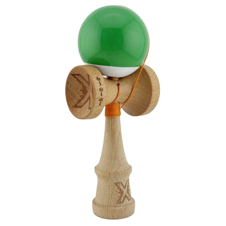 Kendama X Originala, Profesionala, Flippy, Big Cups V2, Super Sticky cu Cupe Mari, din lemn 18 cm, Rulment Metalic cu Ata 55 cm, Verde/Alb - vivimall.ro