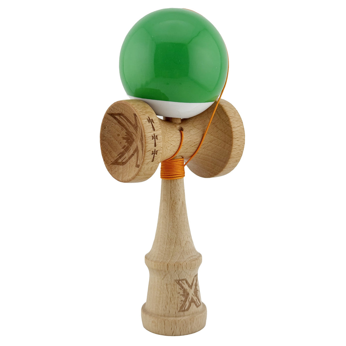 Kendama X Originala, Profesionala, Vivimall, Big Cups V2, Super Sticky cu Cupe Mari, din lemn 18 cm, Rulment Metalic cu Ata 55 cm, Verde/Alb - vivimall.ro
