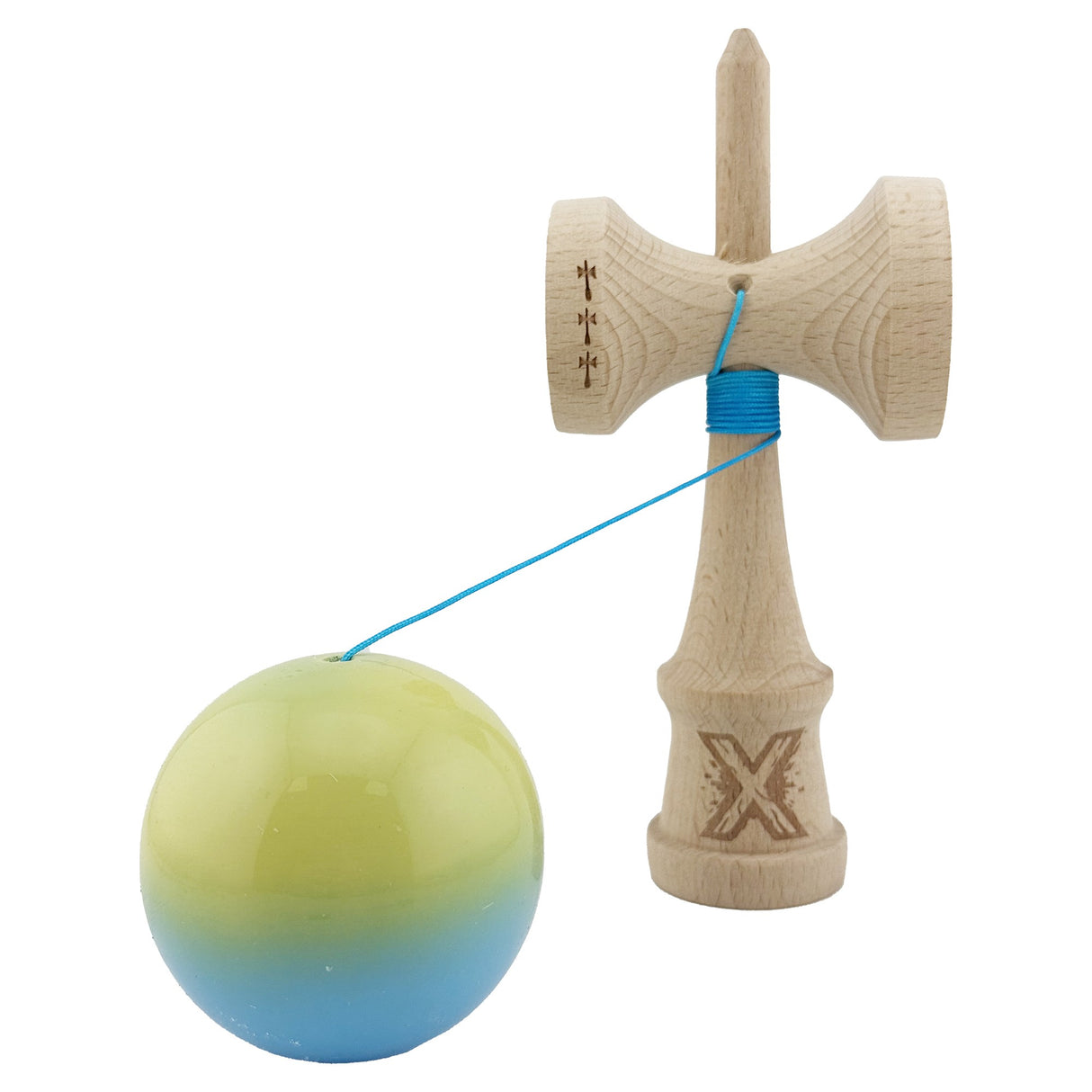 Kendama X Originala, Profesionala, Vivimall, Big Cups V2, Super Sticky, Rulment Metalic cu Ata 55 cm, Galben/Verde/ albastru - vivimall.ro
