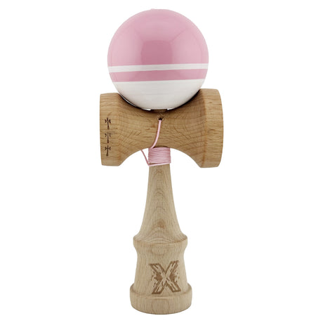 Kendama X Originala, Profesionala, Flippy, Big Cups V2, Super Sticky cu Cupe Mari, din lemn 18 cm, Rulment Metalic cu Ata 55 cm, Roz/Alb - vivimall.ro