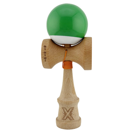 Kendama X Originala, Profesionala, Vivimall, Big Cups V2, Super Sticky cu Cupe Mari, din lemn 18 cm, Rulment Metalic cu Ata 55 cm, Verde/Alb - vivimall.ro